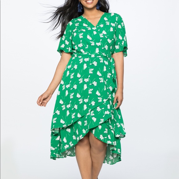 Eloquii Dresses & Skirts - 💚Eloquii Green & White Wrap Dress w/Layered Skirt
